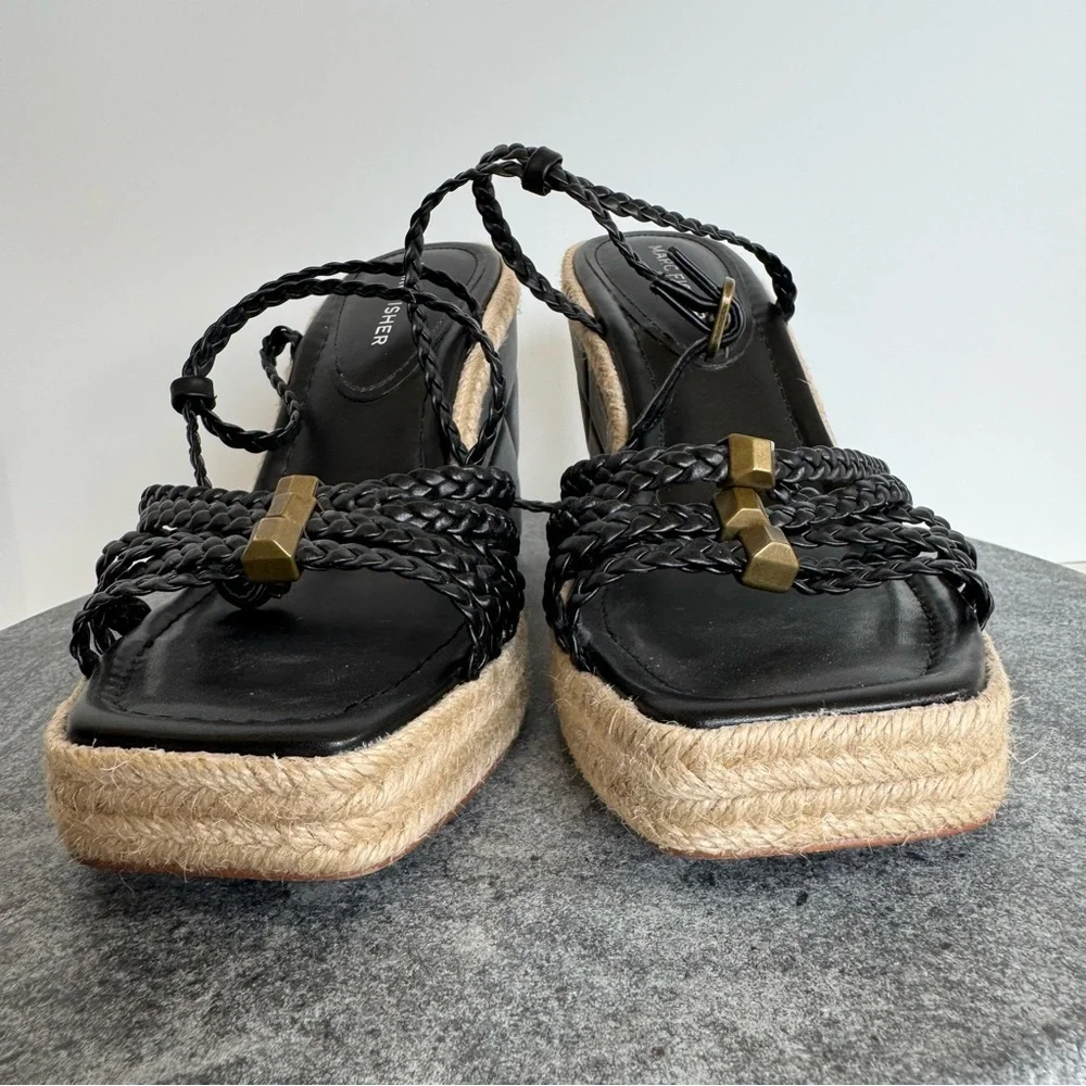 Marc Fisher Black Tan Hayla Wedge Heels Sandals 8 Leather
